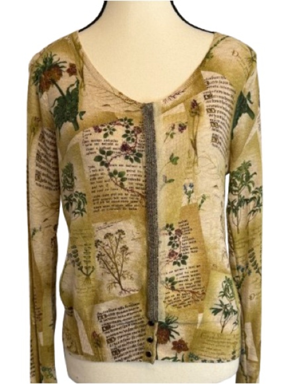 Guinevere Anthro Botanical Print Cardigan M Cashmere Blend Beaded Cottagecore